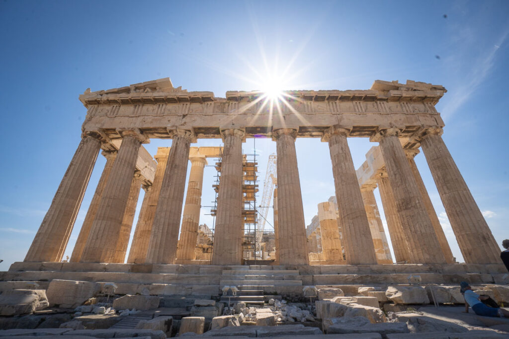 the parthenon from a wide-angle front view