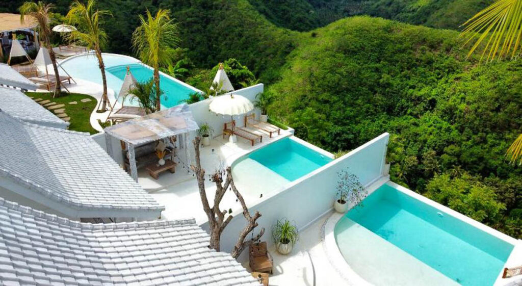 Atalaya Villas Nusa Penida infinity pool aerial shot