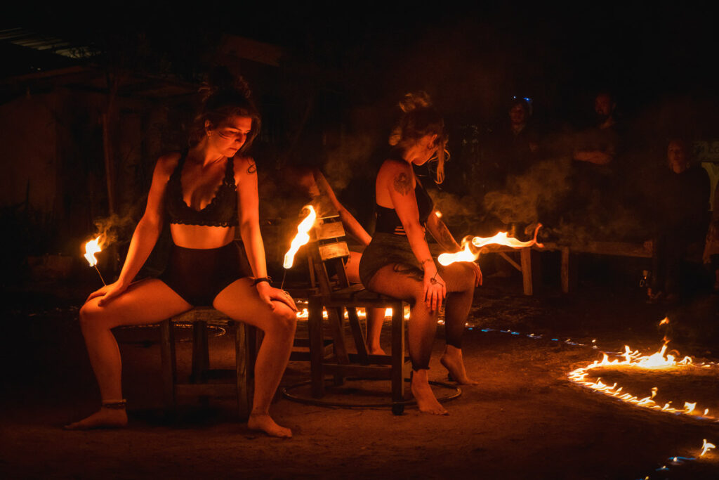 watching a fire performance outside paradise bar