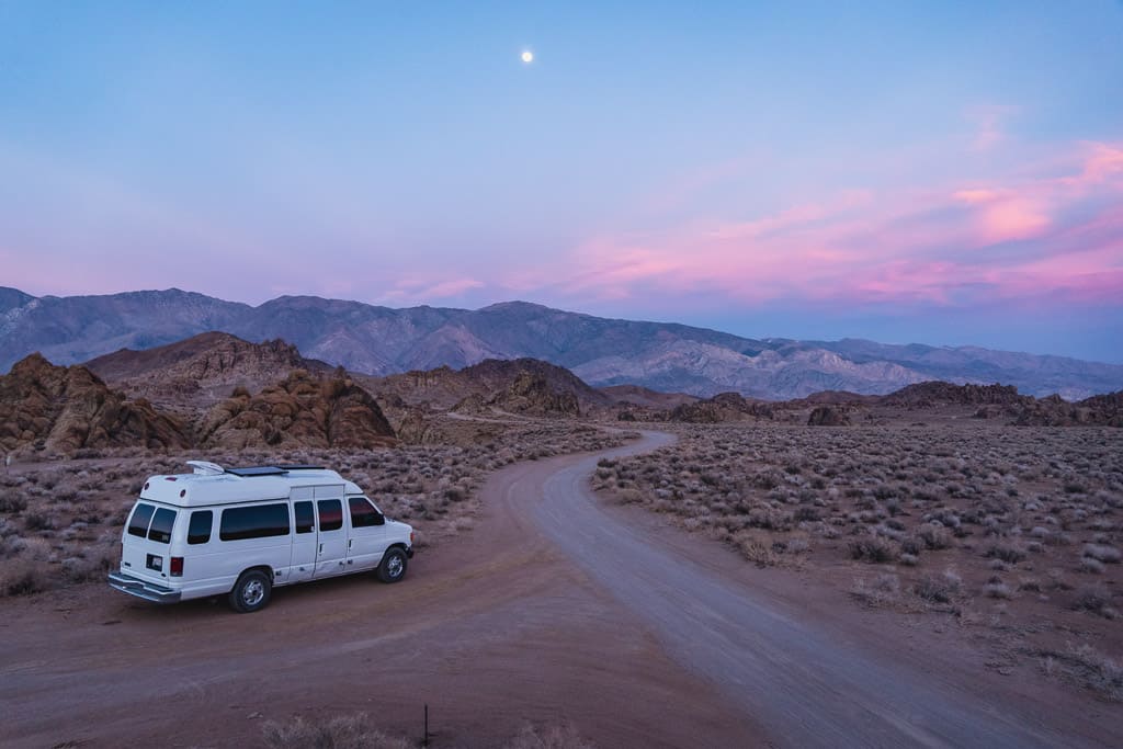 van in alabama hill in lone pine california, the way to budget on a road trip is to rent a van