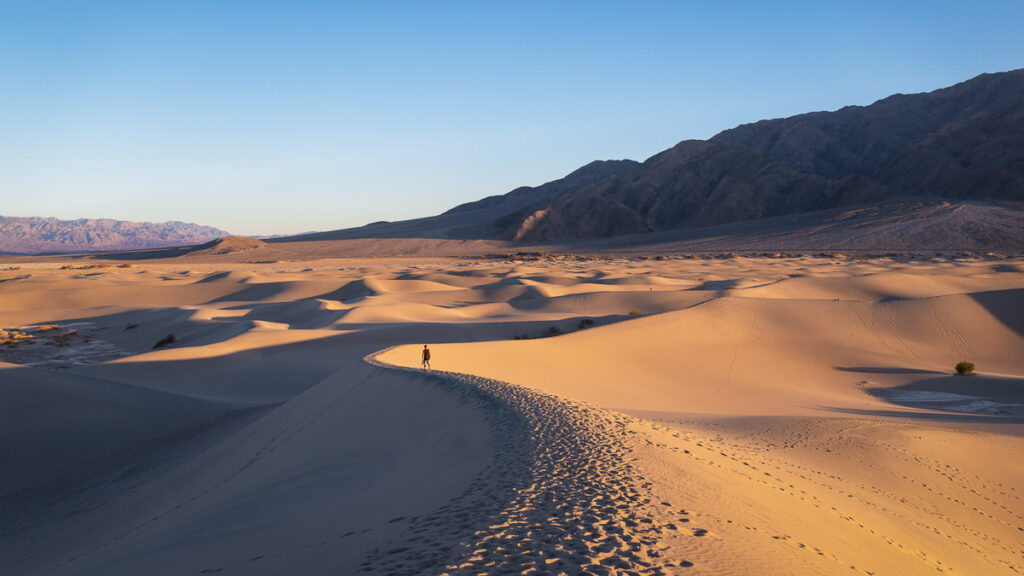 silhouette of man in the mesquite sand dunes in death valley national park on a tour from las vegas