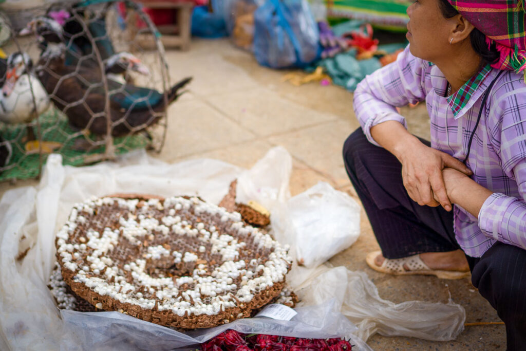 vendor selling whole honeycomb at the Meo Vac Market