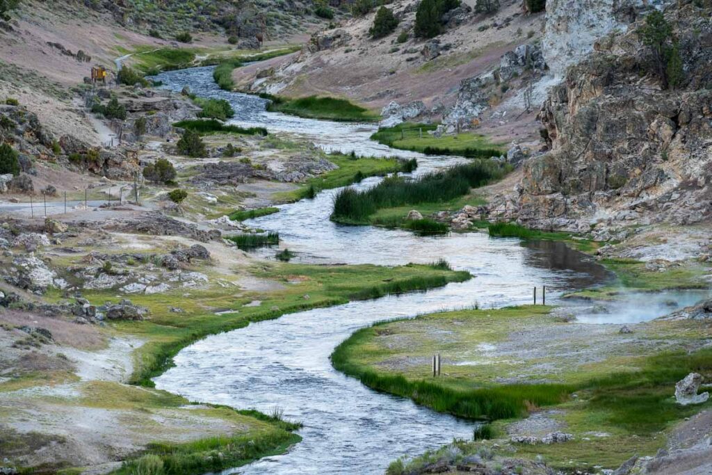 Close up view of the bubbling hot creek geological site in Mammoth Lakes California