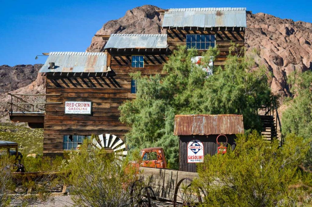 The weathered building in Nelson ghost town on a sunny day