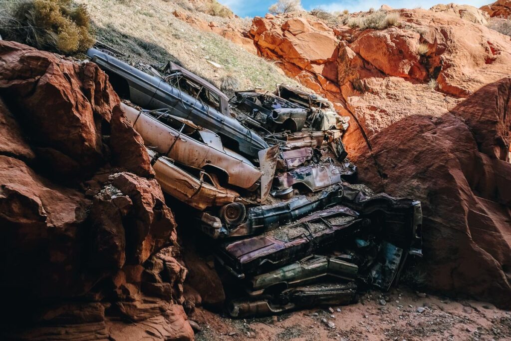 catsair riprap pile of cars in kanab utah