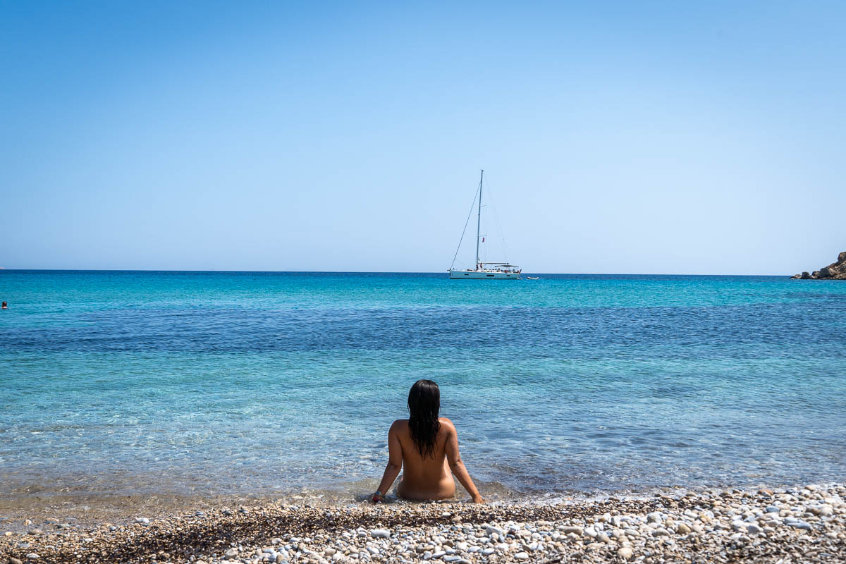 nomadicated sitting on the beach in koufonisia