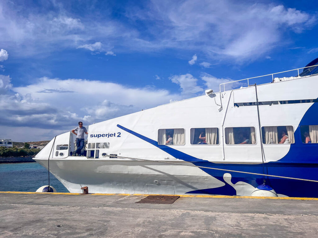 seajet greek ferry boat pulling into the port of ano Koufonisia