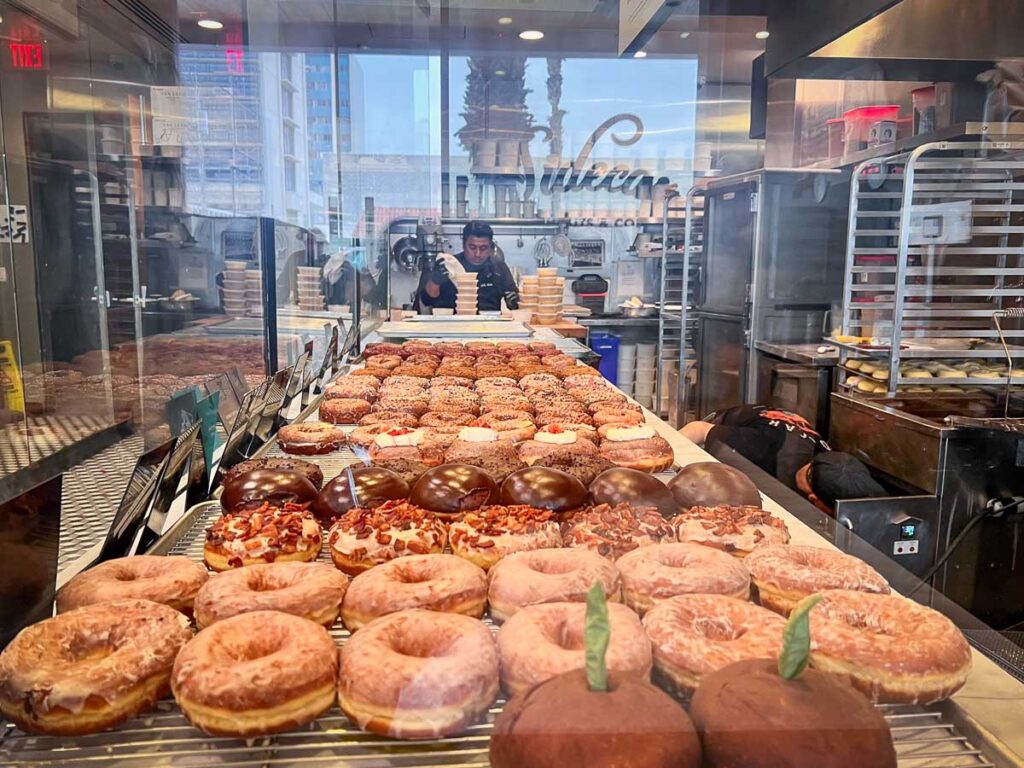 rows of donuts from sidecar in santa monica on a LA donut food tour