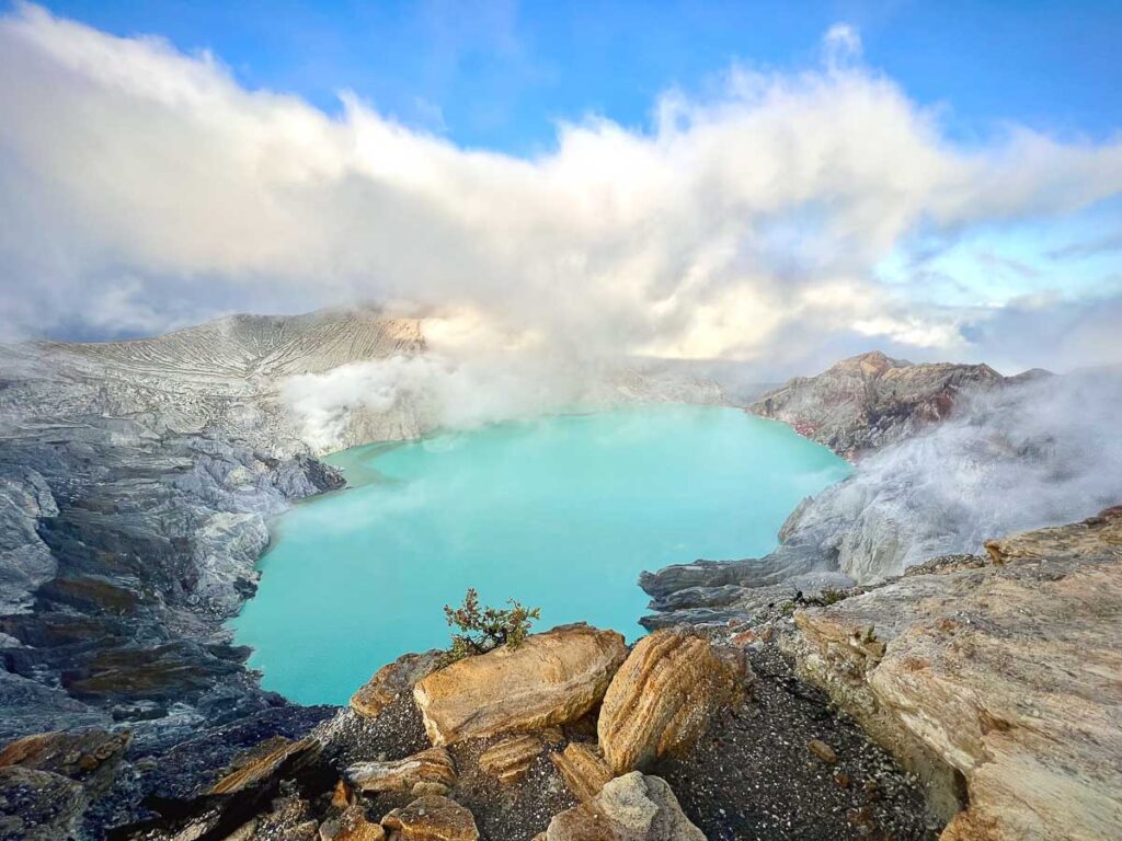 kawah ijen, active sulphur mine and acidic lake in java