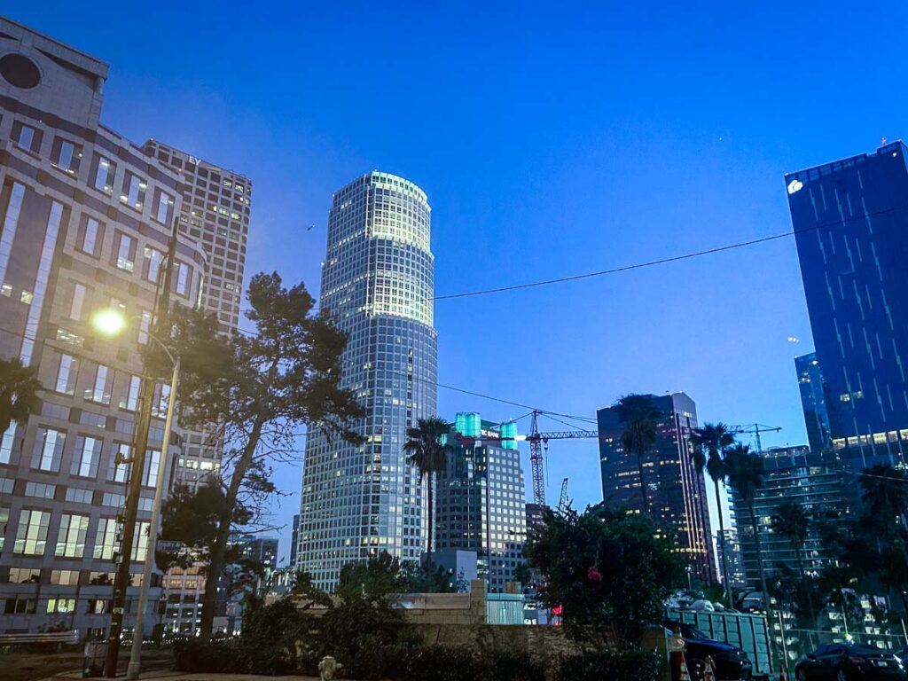 downtown los angeles skyscrapers at dusk