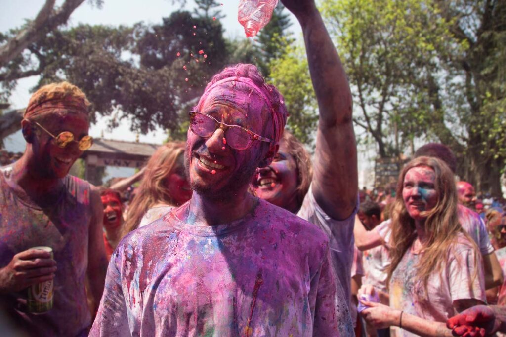 celebrating holi, in Pokhara Nepal, one of Nepla's most famous festivals