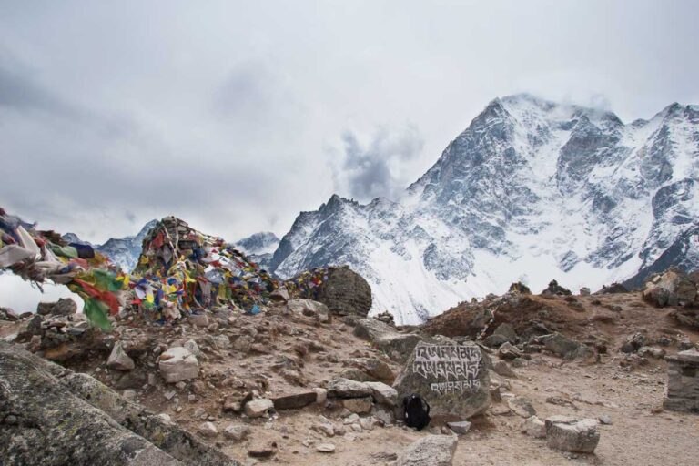 Mount Everest in the Himalayan region with prayer flags