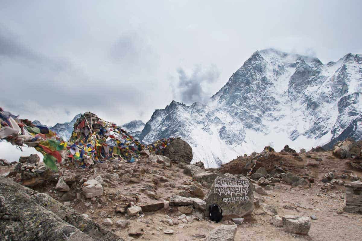 Mount Everest in the Himalayan region with prayer flags