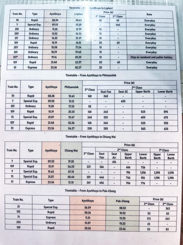 from ayutthaya to elsewhere in thailand train schedule