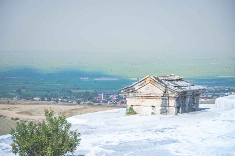 The sacred necropolis in Hierapolis, containing intricately carved tombs and sarcophagi