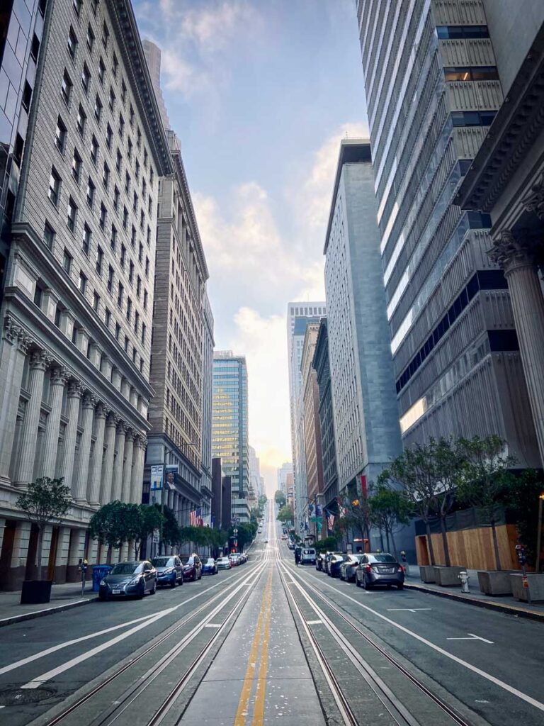 san frnacisco cable car lines in the middle of downtown, where transportation is much better. insan francisco vs los angeles 