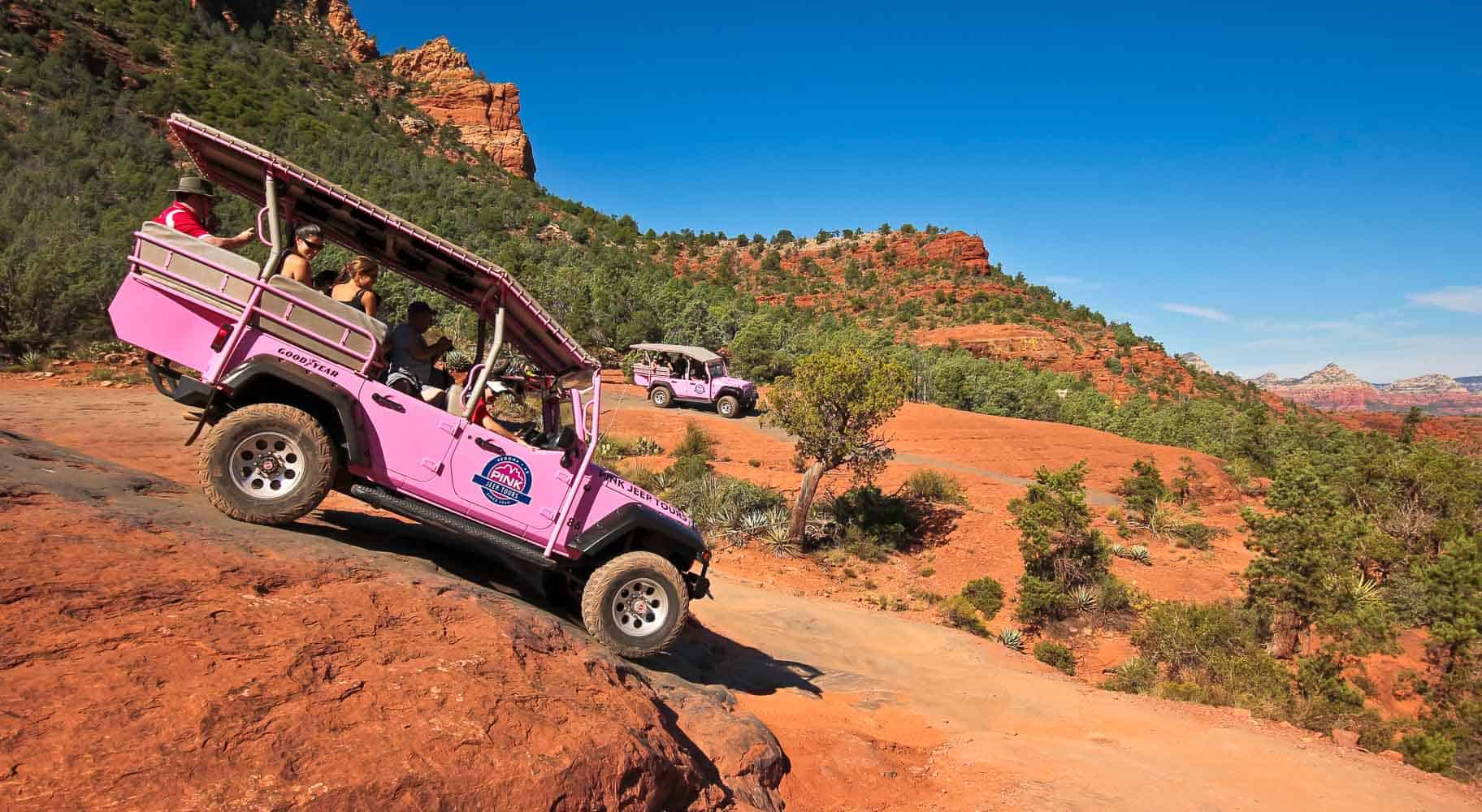 A Pink Jeep Tour Descends Broken Arrow Trail in Arizona