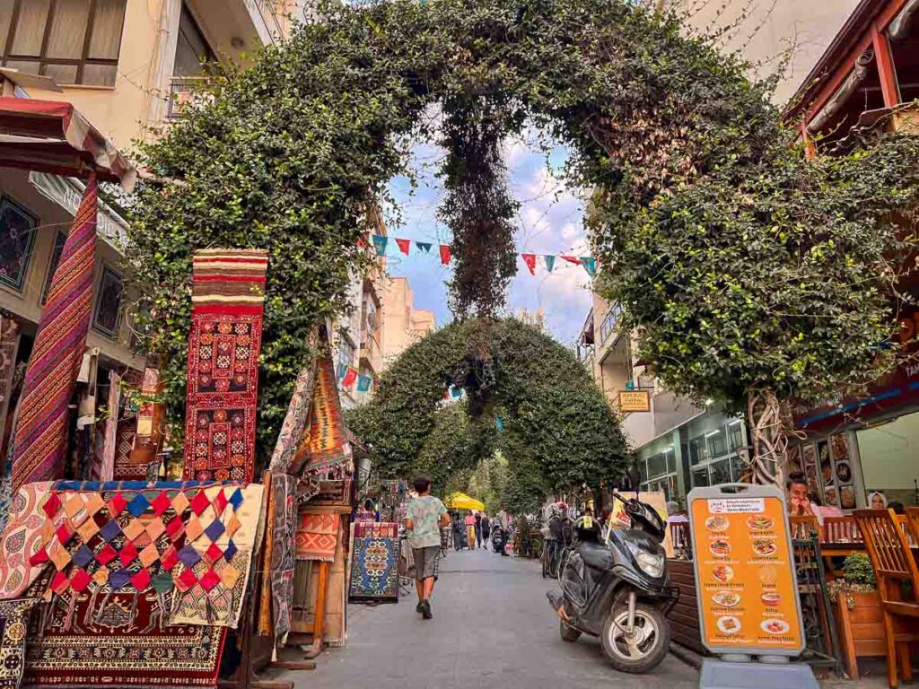 entrance to pedestrian only street in downtown celcuk, the best place for food