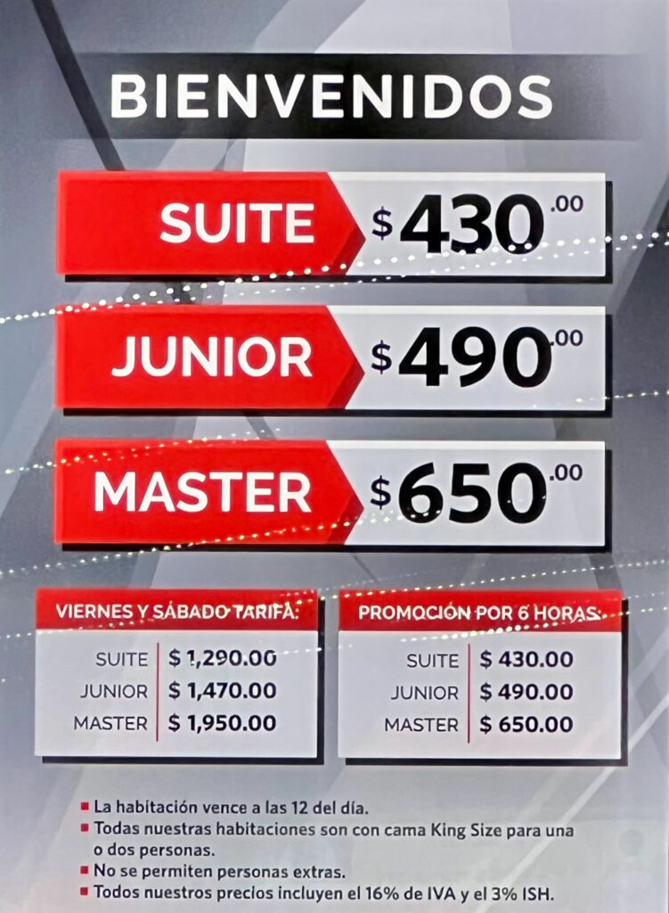 Hotel Room Price Menu