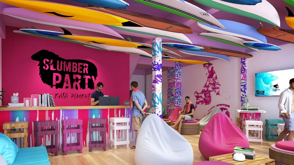 pink and white theme reception area of slumber party kata