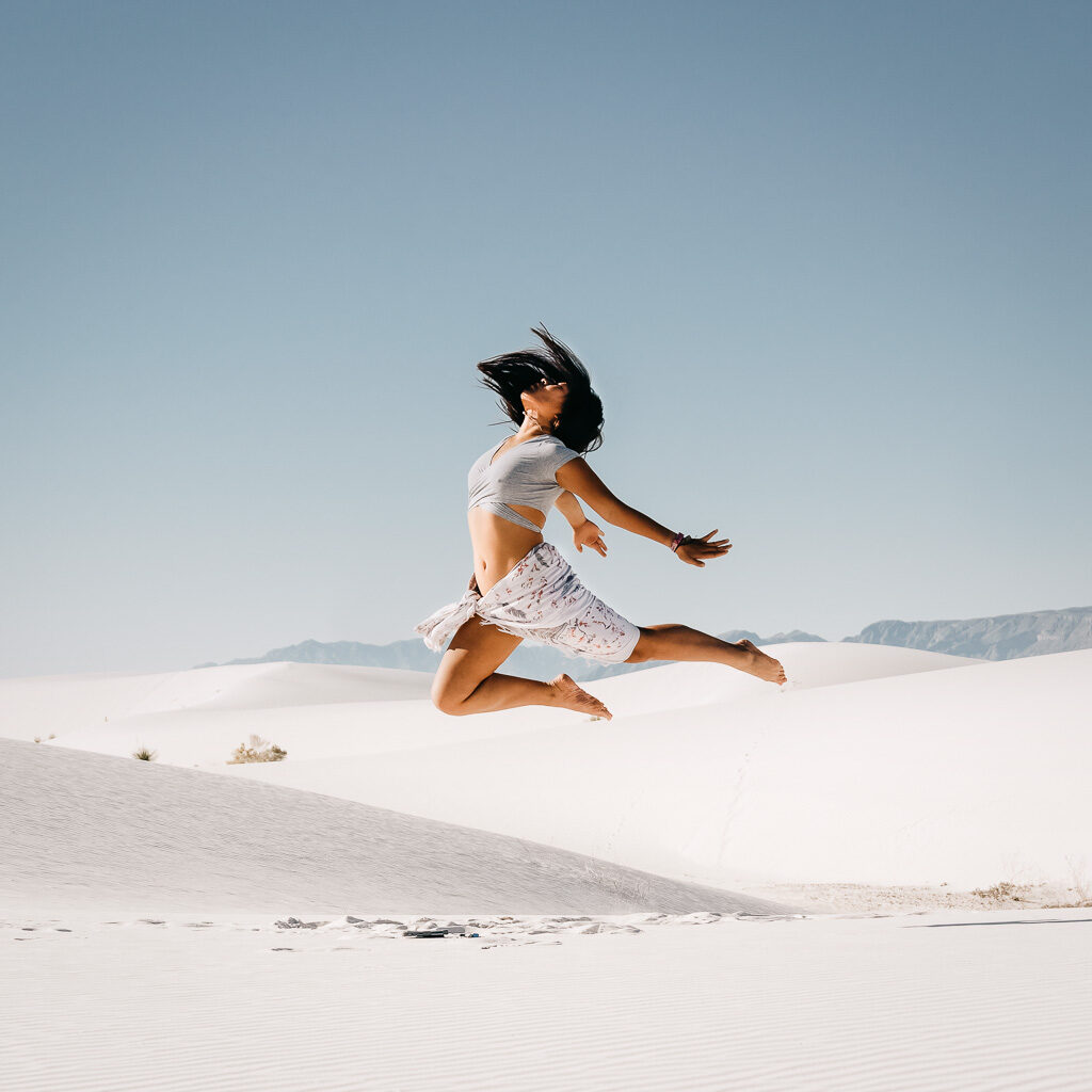 White Sands National Park portrait jumping