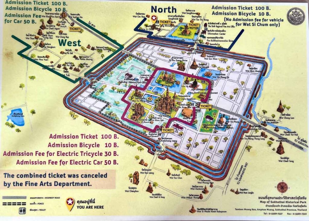 sukhothai historical park entrance fee map