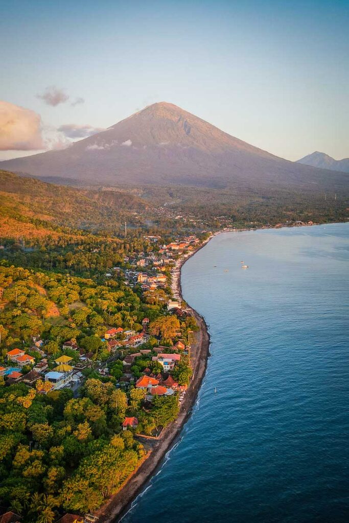 Sunset on Mount Agung on the shoreline of Amed