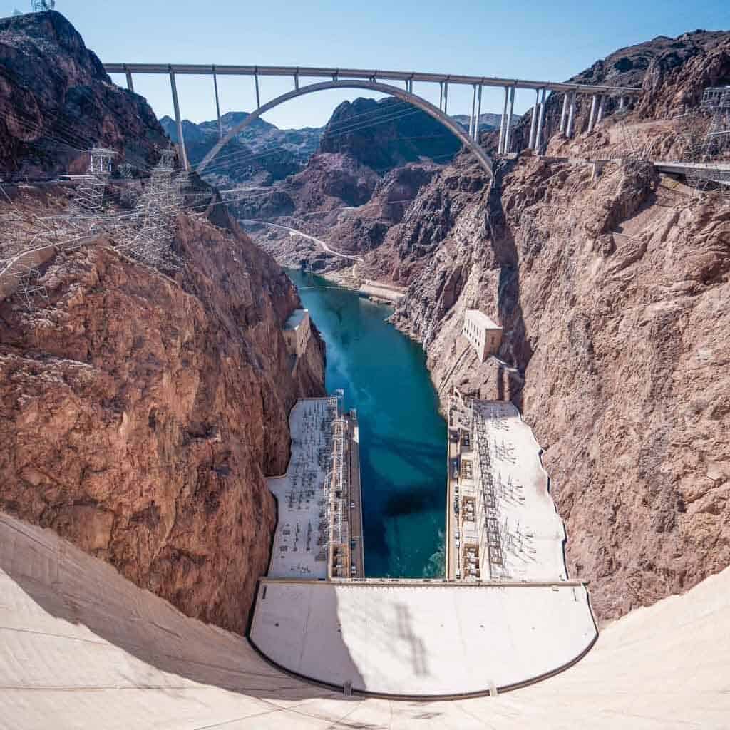 Bird's Eye Viewpoint of The Hoover Dam Looking at Mike O' Callaghan Bridge