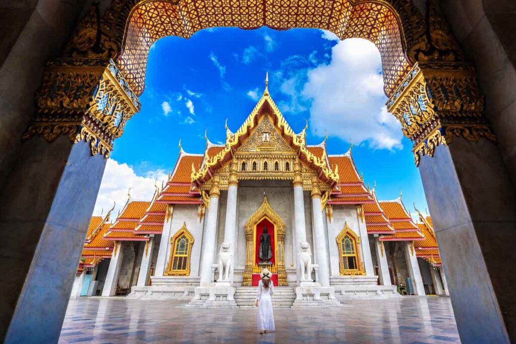 Women tourists at Wat Benchamabophit or the Marble Temple in Ban