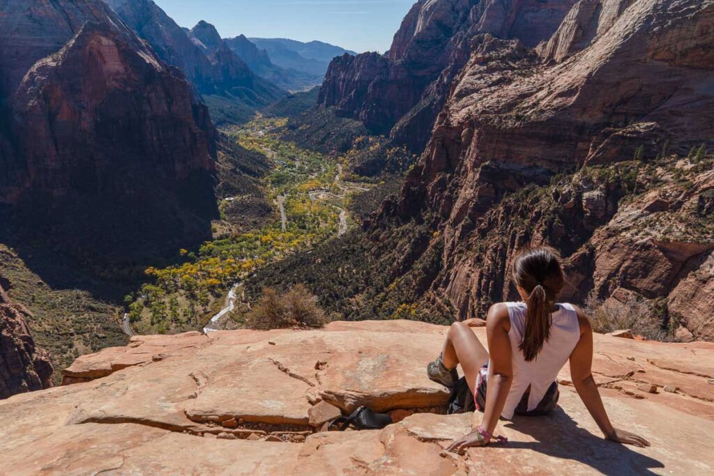 Nomadicated at top of Angel's Landing Summit at Zion National Park on a road trip from Las Vegas to page az